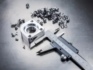 Frisch gefrästes Aluminium-Kleinserienbauteil auf Stahlwerkbank mit Präzisionsschieblehre und feinen Metallspänen.