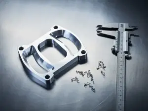 Gefrästes Aluminium-Prototypenteil auf Stahlwerkbank mit Präzisionsschieblehre und feinen Metallspänen im Flachwinkel-Overhead-Shot.