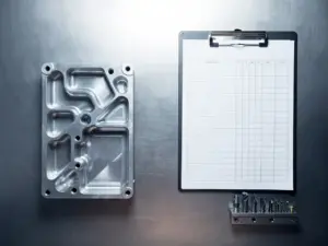 Halbfertig gefrästes Aluminiumteil auf Stahlarbeitstisch neben Produktionsplan-Klemmbrett mit leeren Zeitslots und ungenutztem Werkzeughalter.