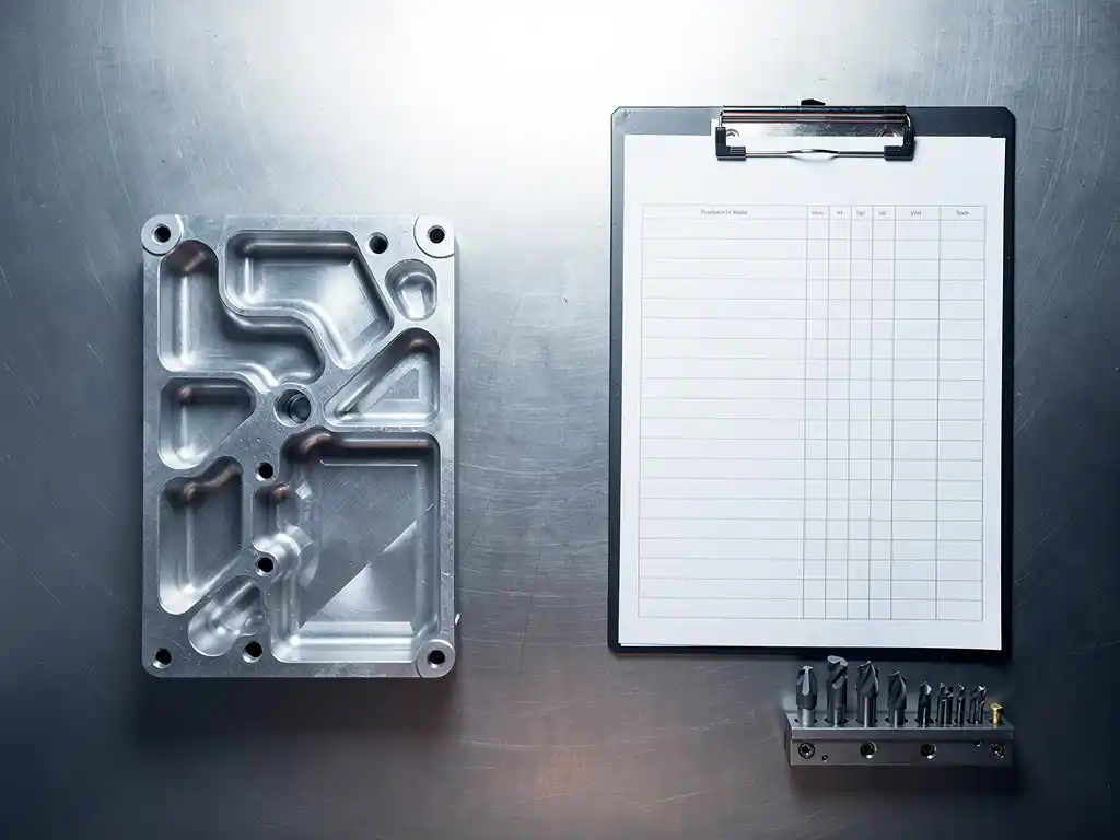 Halbfertig gefrästes Aluminiumteil auf Stahlarbeitstisch neben Produktionsplan-Klemmbrett mit leeren Zeitslots und ungenutztem Werkzeughalter.