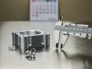 Frisch gefrästes Aluminiumteil neben einem Messschieber auf Stahloberfläche, Metallspäne verstreut, unscharfer Kalender im Hintergrund.