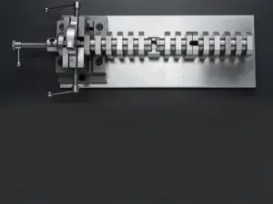Gefrästes Aluminiumbauteil in CNC-Schraubstock eingespannt, dahinter eine Reihe identischer Komponenten mit einer Lücke in der Sequenz.