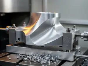Präzisionsgefräste Aluminiumkomponente in CNC-5-Achs-Fräsmaschine, Späne am Sockel, Werkzeugbahnen im Streiflicht sichtbar.