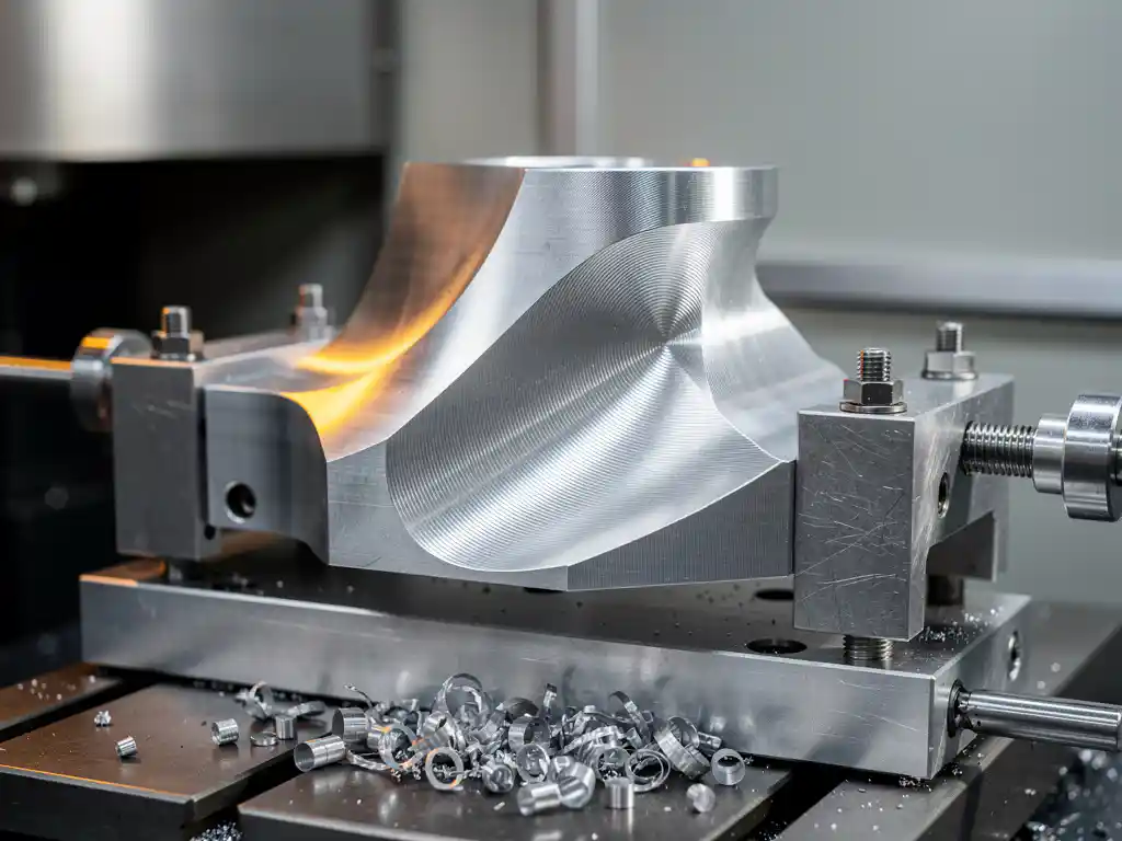 Präzisionsgefräste Aluminiumkomponente in CNC-5-Achs-Fräsmaschine, Späne am Sockel, Werkzeugbahnen im Streiflicht sichtbar.