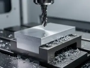Gefrästes Aluminiumwerkstück im Präzisionsschraubstock einer CNC-Fräsmaschine mit Spiralschaftfräser und Metallspänen in Nahaufnahme.
