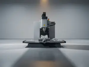 CNC-Fräsmaschine im Leerlauf mit Aluminiumteil im Schraubstock, Metallspäne auf dem Hallenboden, Bernsteinlicht wirft langen Schatten.
