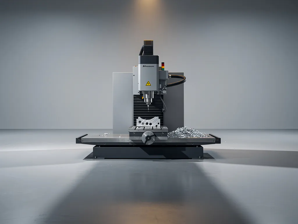 CNC-Fräsmaschine im Leerlauf mit Aluminiumteil im Schraubstock, Metallspäne auf dem Hallenboden, Bernsteinlicht wirft langen Schatten.
