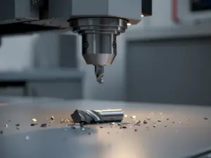 Gebrochener Hartmetall-Fräser auf dem Maschinentisch einer CNC-Frässpindel, umgeben von Metallspänen im Werkzeugbruch-Nahaufnahme.