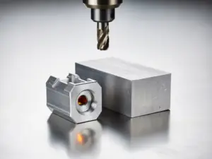 CNC-gefrästes Metallbauteil neben Aluminiumrohling auf Werkstattoberfläche mit Fräswerkzeug in Nahaufnahme.