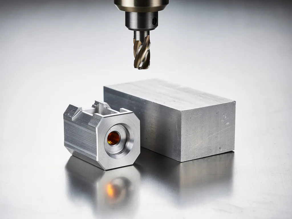 CNC-gefrästes Metallbauteil neben Aluminiumrohling auf Werkstattoberfläche mit Fräswerkzeug in Nahaufnahme.