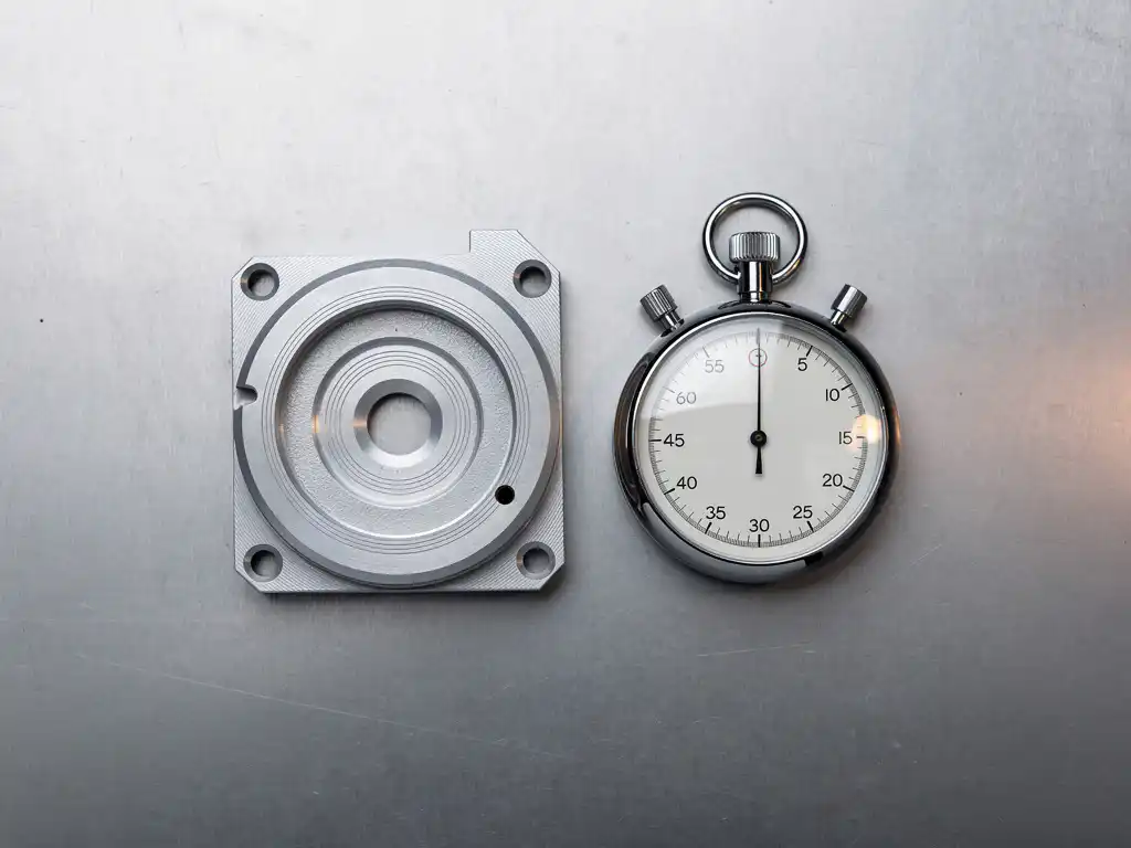 CNC-gefrästes Metallteil mit sichtbaren Bearbeitungsrillen neben einer analogen Stoppuhr auf Stahloberfläche.