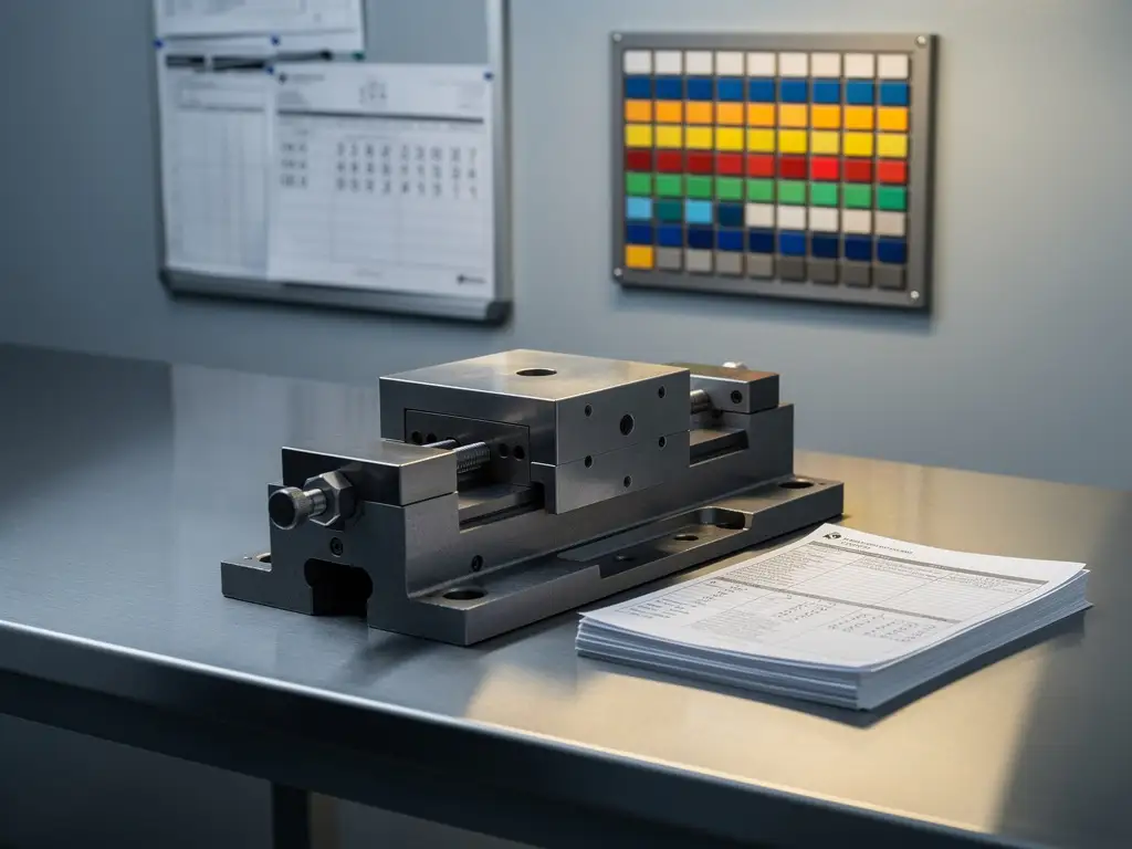 Präzisionsgefertigtes Metallteil im CNC-Schraubstock, umgeben von Auftragsblättern und einem Planungsboard mit Magnetmarkierungen.