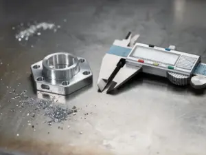 Präzisionsgefertigtes Aluminium-CNC-Bauteil neben Messschieber auf Stahlwerkbank mit Metallspänen, industrielle Beleuchtung.