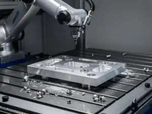 Präzisionsgefräste Aluminiumkomponente auf CNC-Maschinentisch mit positioniertem Roboterarm und Metallspänen im Werkstattlicht.