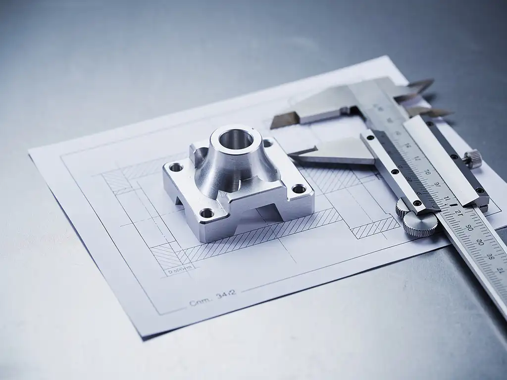 Gefräste Aluminium-CNC-Komponente auf technischer Zeichnung mit Messschieber auf grauer Werkstattoberfläche.