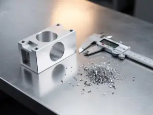 Präzisionsgefrästes Aluminiumteil auf Stahlwerkbank neben Messschieber, umgeben von Metallspänen in gedämpftem Werkstattlicht.