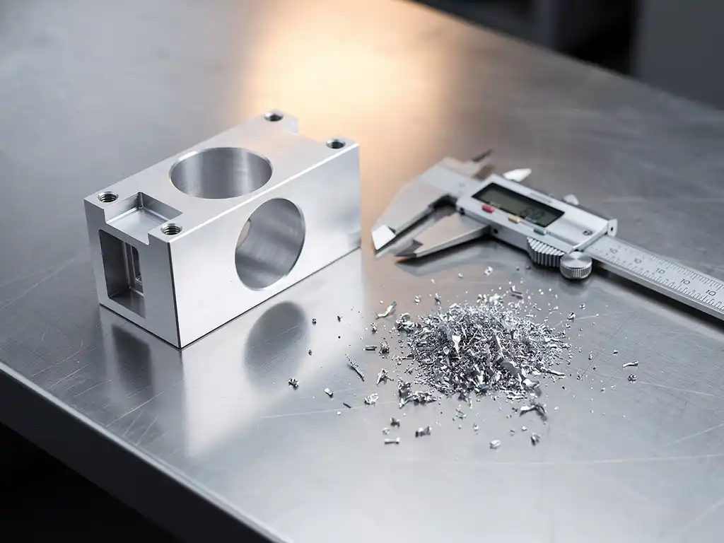 Präzisionsgefrästes Aluminiumteil auf Stahlwerkbank neben Messschieber, umgeben von Metallspänen in gedämpftem Werkstattlicht.