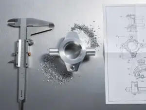 Präzisionsgefrästes Aluminiumteil auf Stahloberfläche neben Metallspänen, Messschieber und technischer Zeichnung in kühlen Grautönen.
