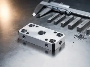 Präzisionsgefrästes Aluminiumteil auf Stahloberfläche neben Kalibrierwerkzeugen, feine Metallspäne, industrielle Werkstattbeleuchtung.