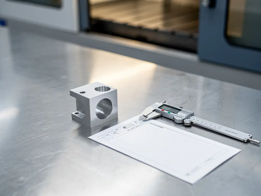 Präzisionsgefrästes Aluminiumteil neben Prüfprotokoll und kalibriertem Mikrometer auf Stahlwerkbank, CNC-Maschine im Hintergrund.