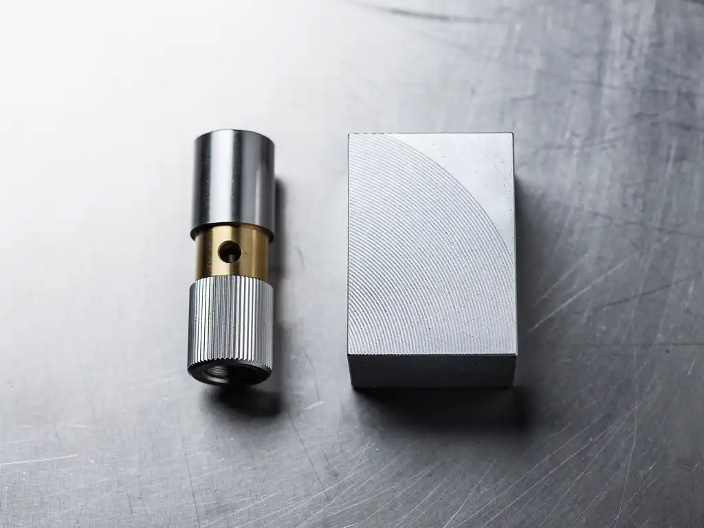 Präzisionsgefräster Aluminiumblock und Metallzylinder mit Messingakzent auf Stahloberfläche, feine Bearbeitungsspuren sichtbar.