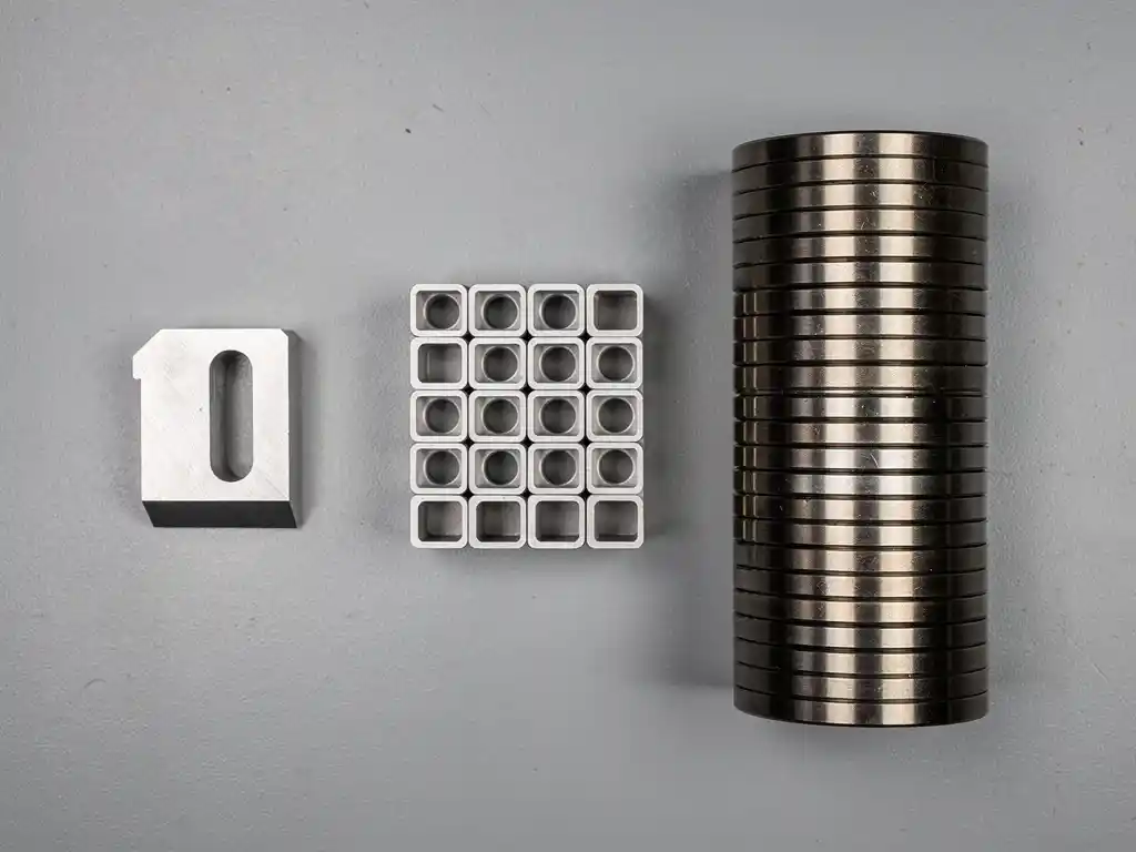 Präzisionsgefertigtes Metallteil, Aluminiumgehäuse-Charge und gestapelte Stahlscheiben als Flat-Lay auf grauer Werkstattoberfläche.