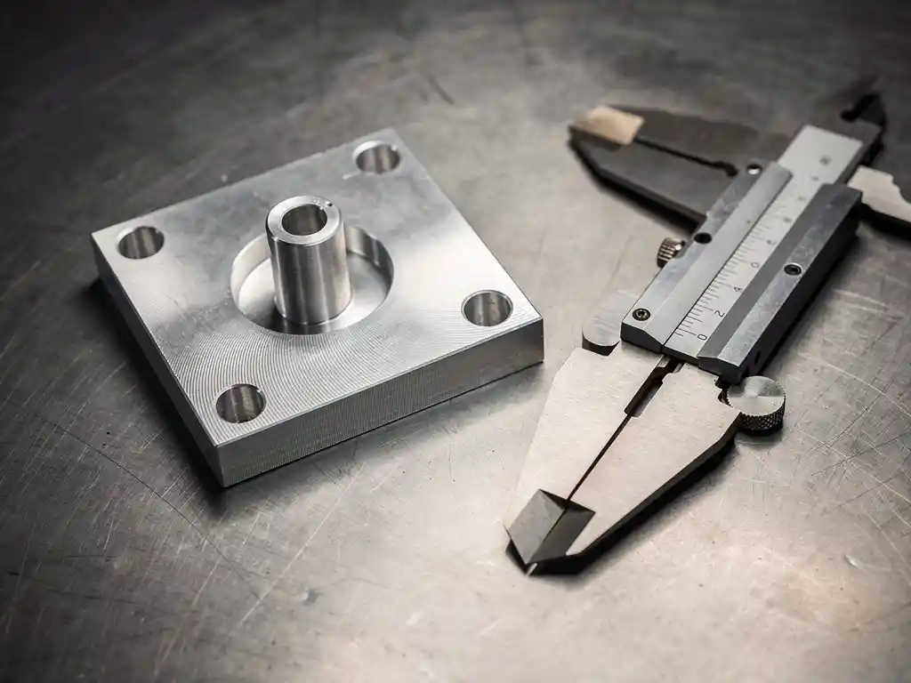Präzisionsgefertigtes Aluminium-Prototypenteil mit sichtbaren Werkzeugspuren neben einem technischen Messschieber auf Stahloberfläche.