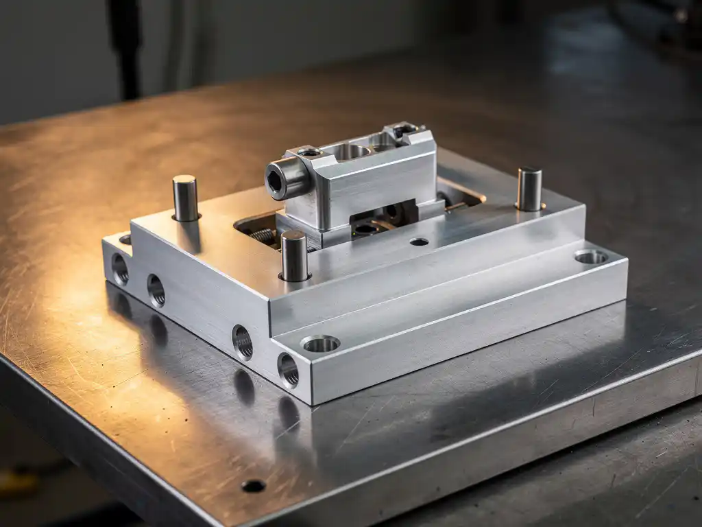 Präzisionsschweißvorrichtung aus gefrästem Aluminium mit Positionierstiften und eingespanntem Metallbauteil auf Stahlwerkbank.