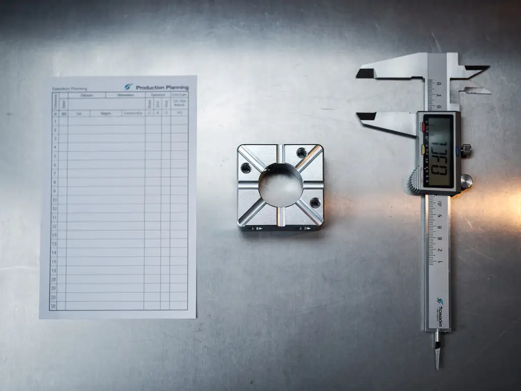 Präzisionsgefrästes Aluminiumbauteil auf Werkbank neben Produktionsplan und Mikrometerschraube, Draufsicht.
