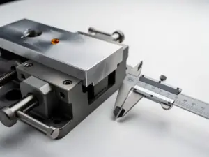 Präzisionsgefertigtes Metallteil im CNC-Schraubstock mit Messschieber, der eine kritische Maßtoleranz prüft.