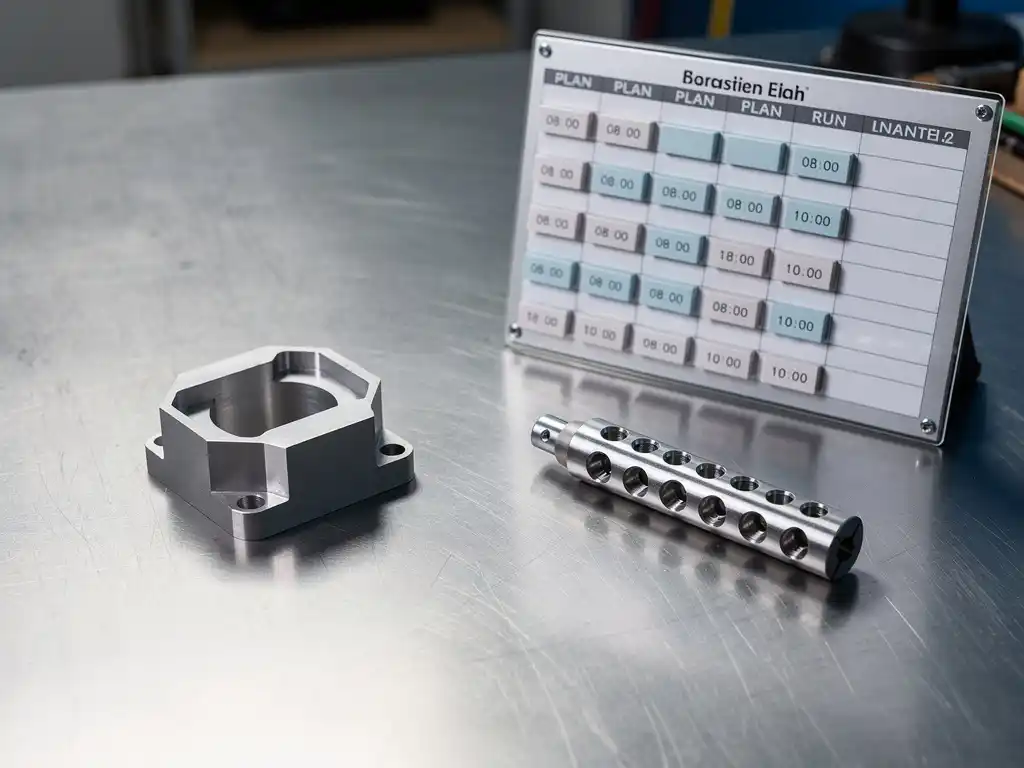 Präzisionsgefertigtes Metallteil auf Stahlwerkbank neben Produktionsplanungstafel mit magnetischen Planungsblöcken und CNC-Werkzeughalter.