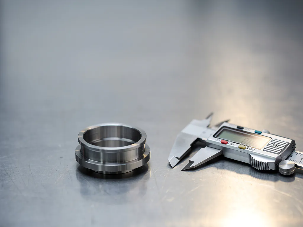 Präzisionsgefertigtes Metallteil neben technischem Messschieber auf Stahloberfläche, industrielle Nahaufnahme mit weichem Seitenlicht.