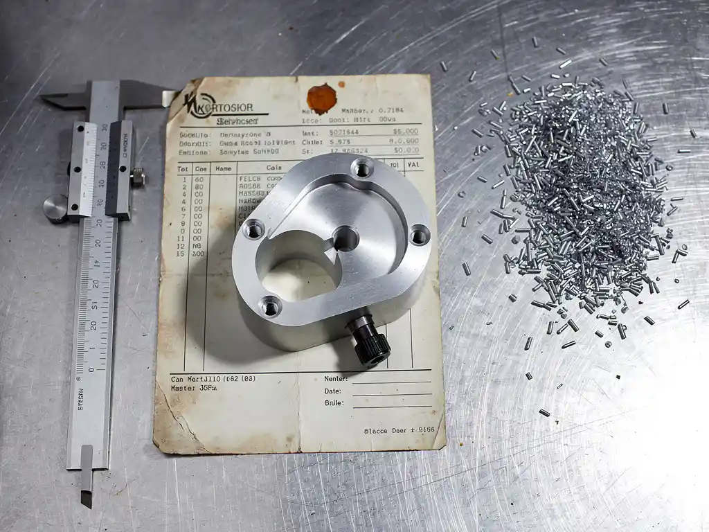 Präzisionsgefrästes Metallteil auf verwittertem Werkstattschein neben Messschieber und Stahlspänen auf Aluminiumoberfläche.
