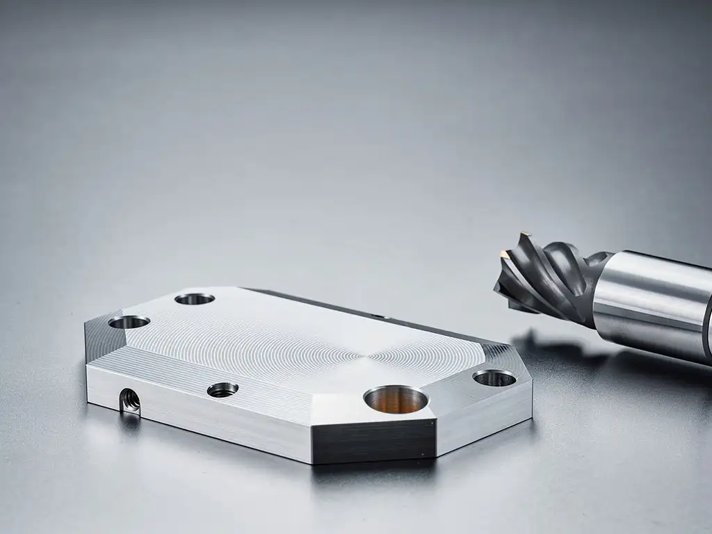 Präzisionsgefräste Aluminiumbauteile auf Stahloberfläche mit CNC-Fräser, sichtbare Werkzeugspuren, diffuses Industrielicht.