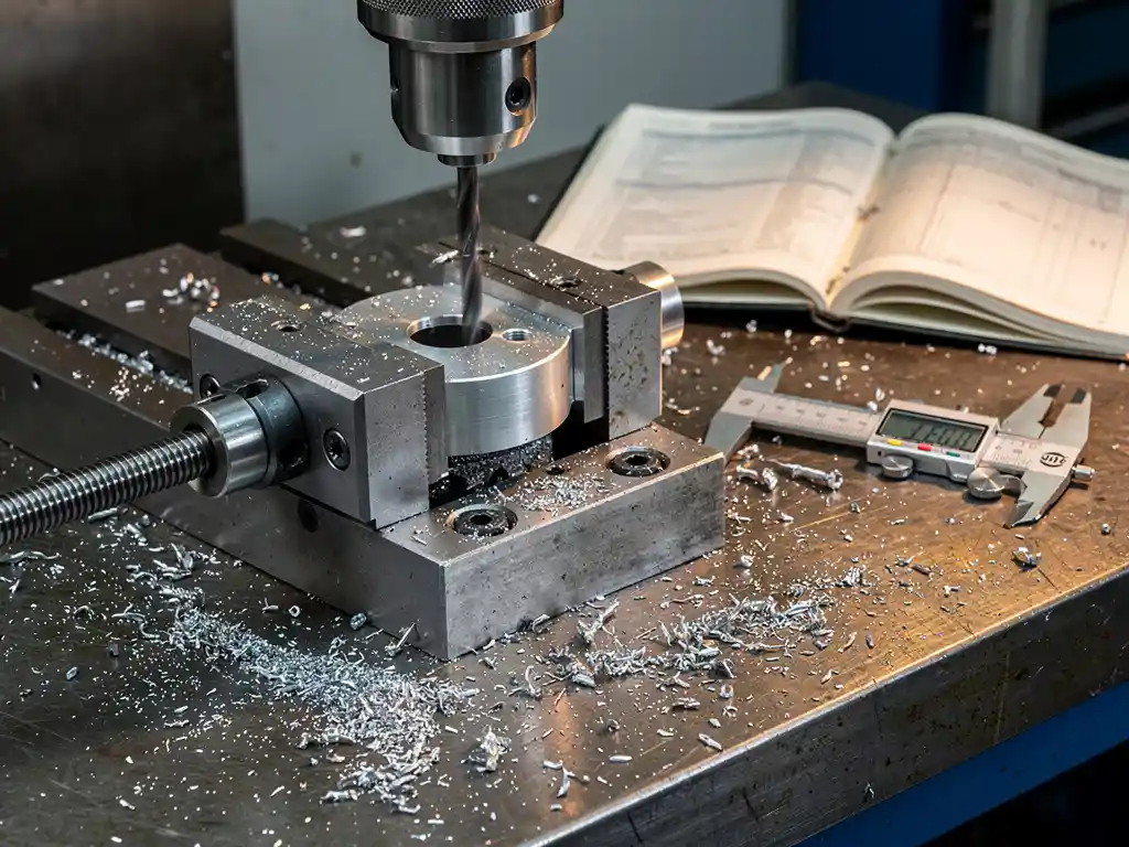 Präzisionsgefrästes Aluminiumteil im CNC-Schraubstock, Schneidwerkzeug im Einsatz, Späne auf Stahltisch, Wartungslogbuch und Kalibrierzange daneben.
