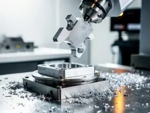 Präzisionsgefräste Aluminiumkomponente in industriellem Roboterarm über CNC-Spannvorrichtung auf Stahltisch, Metallspäne im Schlaglicht.