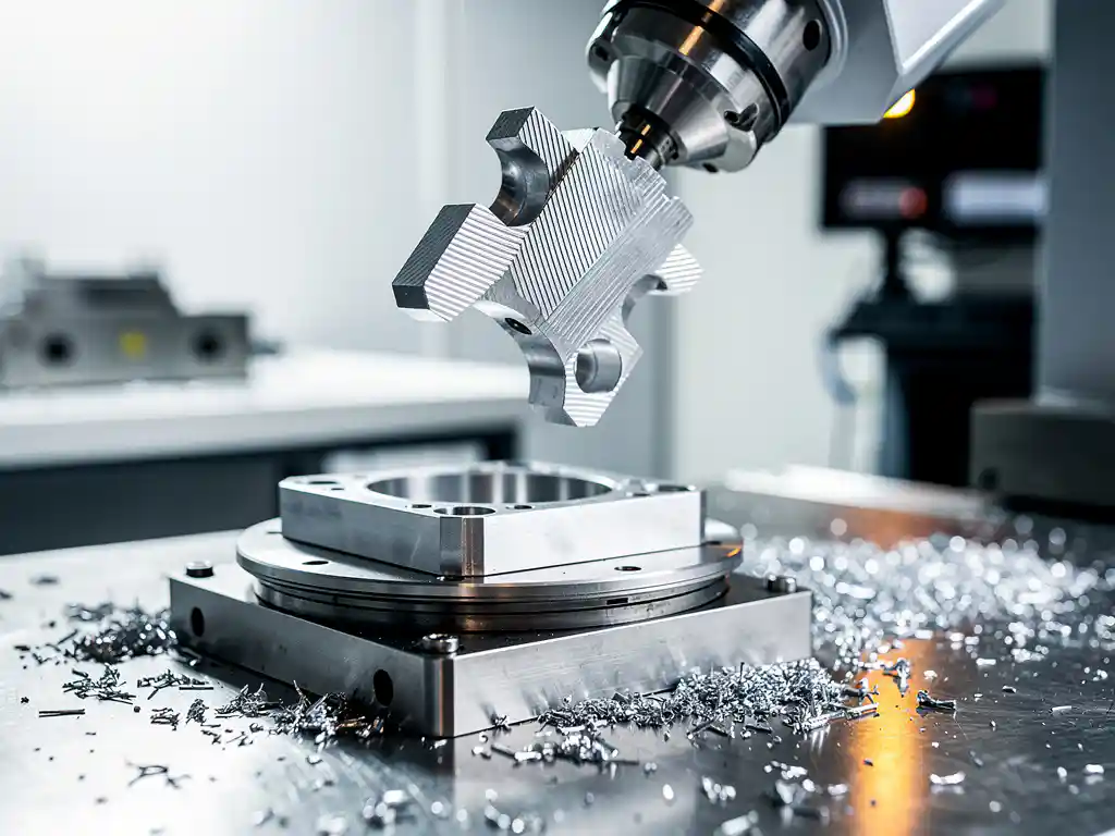 Präzisionsgefräste Aluminiumkomponente in industriellem Roboterarm über CNC-Spannvorrichtung auf Stahltisch, Metallspäne im Schlaglicht.