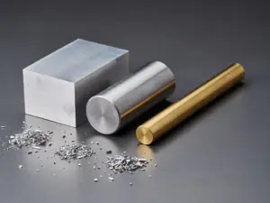 Aluminium-, Stahl- und Messingproben nebeneinander auf bearbeiteter Metalloberfläche mit feinen Spänen, minimalistisch arrangiert.
