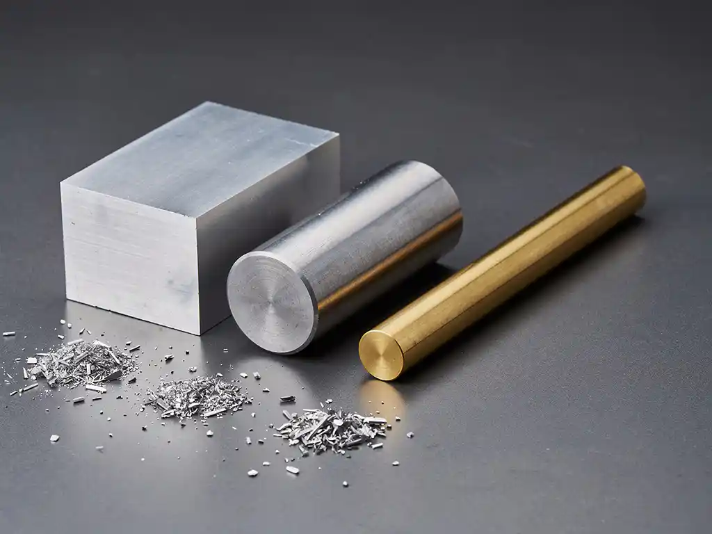 Aluminium-, Stahl- und Messingproben nebeneinander auf bearbeiteter Metalloberfläche mit feinen Spänen, minimalistisch arrangiert.
