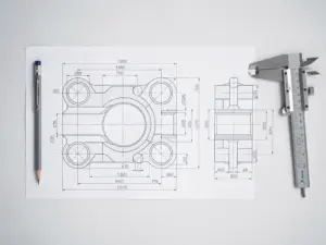 Technische Zeichnung eines Metallbauteils mit Maßangaben, Toleranzen und Projektionslinien, Messschieber und Bleistift daneben.