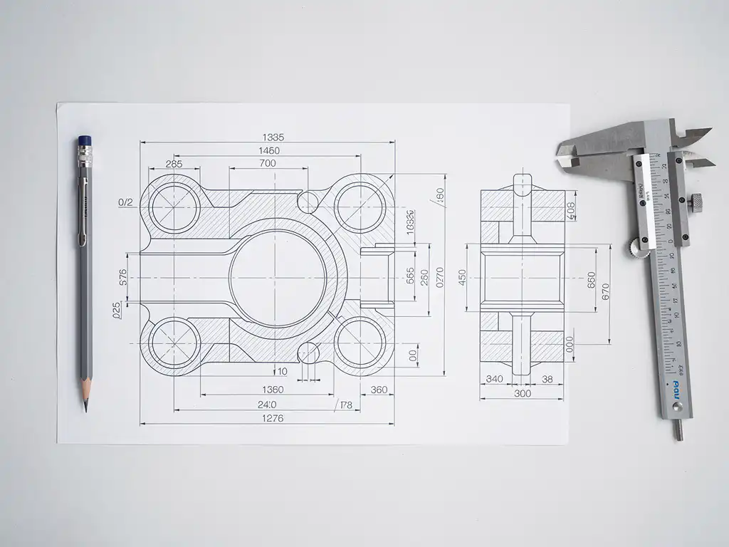 Technische Zeichnung eines Metallbauteils mit Maßangaben, Toleranzen und Projektionslinien, Messschieber und Bleistift daneben.