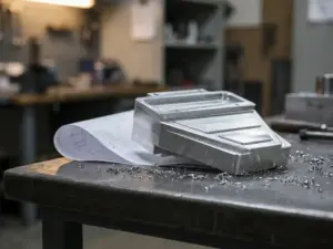 Frisch gefrästes Aluminium-Prototypenteil auf Stahlwerkbank mit Metallspänen und technischer Zeichnung darunter.
