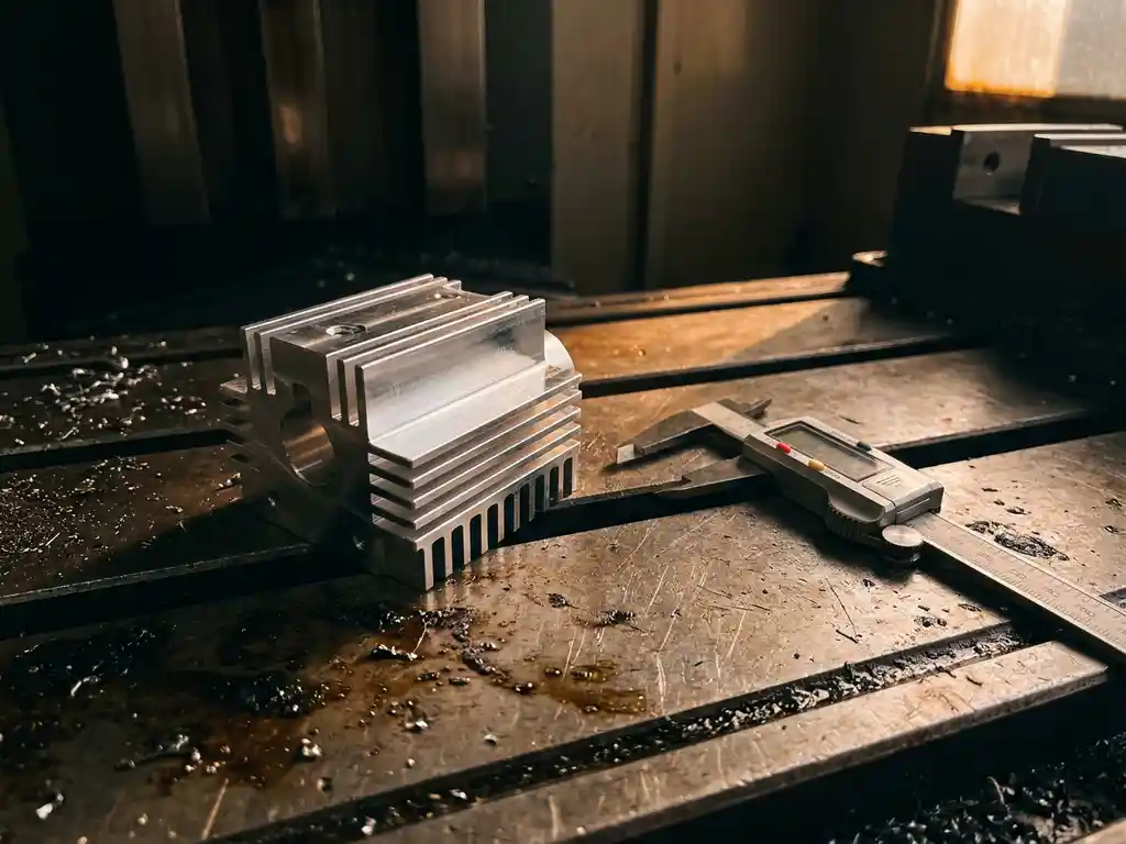 Frisch gefrästes Aluminiumprototyp-Bauteil neben Präzisionsschieblehre auf Stahlwerkbank, Metallspäne im warmen Werkstattlicht.