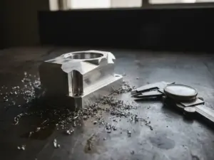 Frisch gefrästes Aluminium-Prototypenteil auf Stahloberfläche mit Präzisionsschieblehre und Metallspänen in Werkstattbeleuchtung.