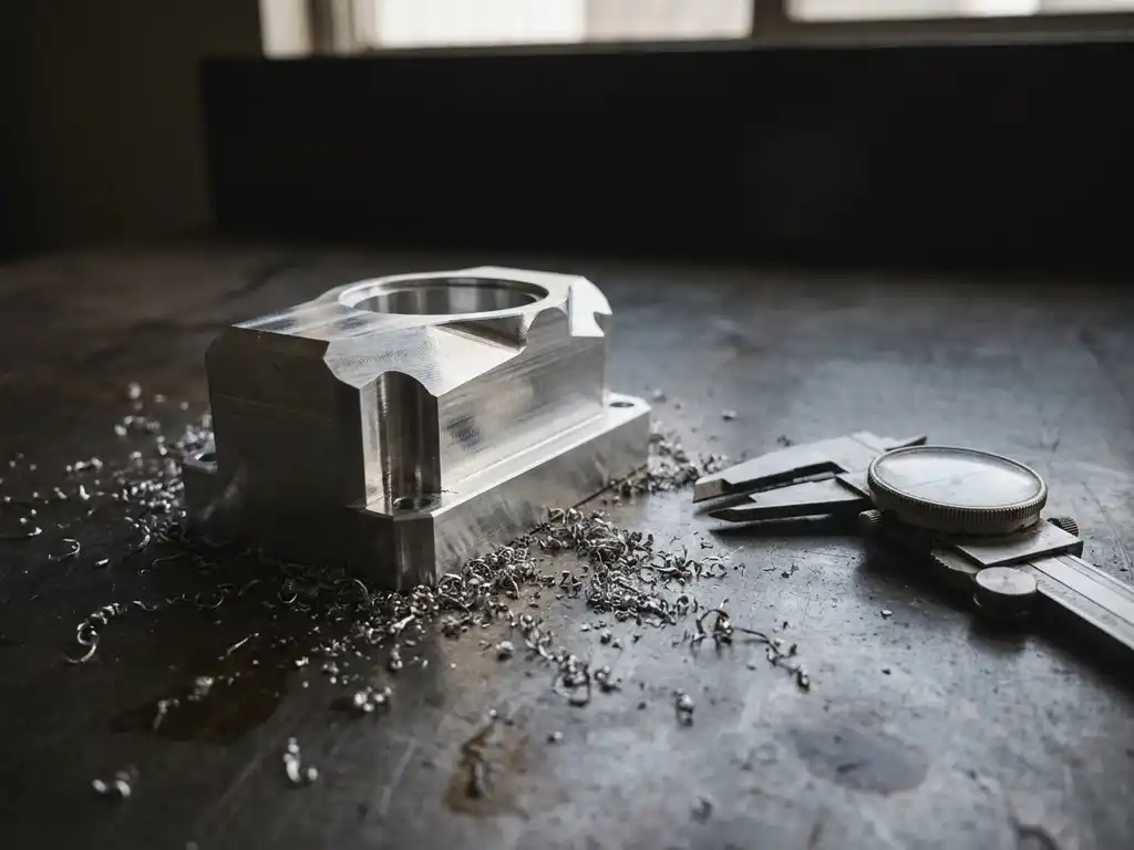 Frisch gefrästes Aluminium-Prototypenteil auf Stahloberfläche mit Präzisionsschieblehre und Metallspänen in Werkstattbeleuchtung.