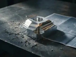 Frisch gefrästes Aluminium-CNC-Prototypenteil auf grauem Stahlwerkstisch, technische Zeichnung darunter, Metallspäne seitlich beleuchtet.