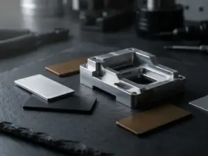 Gefrästes Aluminium-CNC-Prototypenteil auf grauer Werkstattfläche, umgeben von Oberflächenmuster-Kacheln in Silber, Mattschwarz und Bronze.