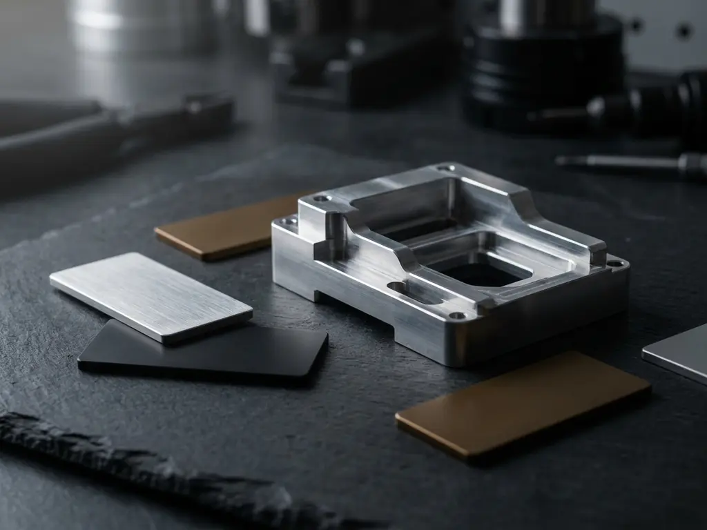 Gefrästes Aluminium-CNC-Prototypenteil auf grauer Werkstattfläche, umgeben von Oberflächenmuster-Kacheln in Silber, Mattschwarz und Bronze.