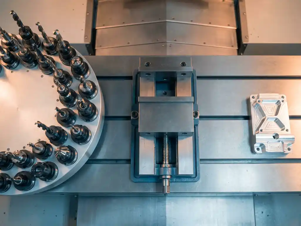 CNC-Bearbeitungszentrum mit vollem Werkzeugmagazin, leerem Spannvorrichtung und gefrästem Aluminiumteil auf Stahltisch.