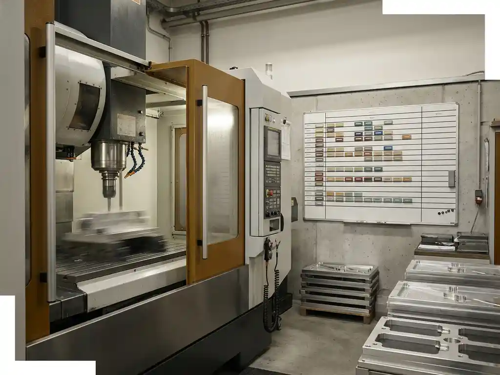 CNC-Bearbeitungszentrum in Betrieb mit Planungstafel und Magnetblöcken an der Werkstattwand, geordnete Metallbauteile in Ablagetrays.